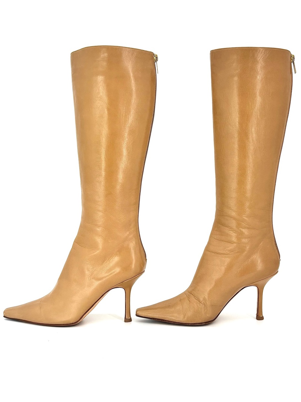 Jimmy Choo Retro Vintage Camel Knee High Back Heel Zip Up Pointed Toe Boots 38 - Picture 3 of 8